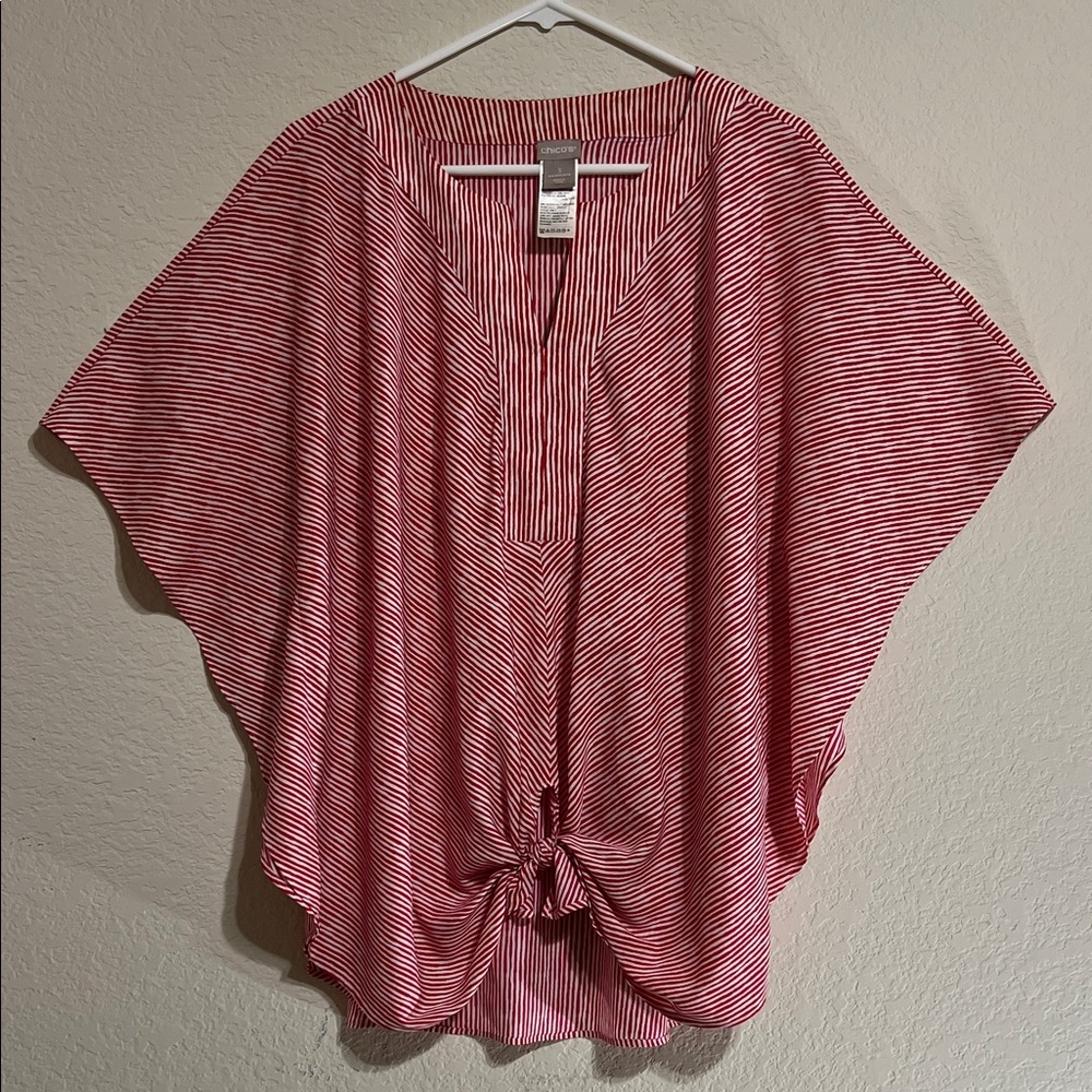 Chico’s Size 3 Red and White Tie Front Women's Top with Dolman Sleeves